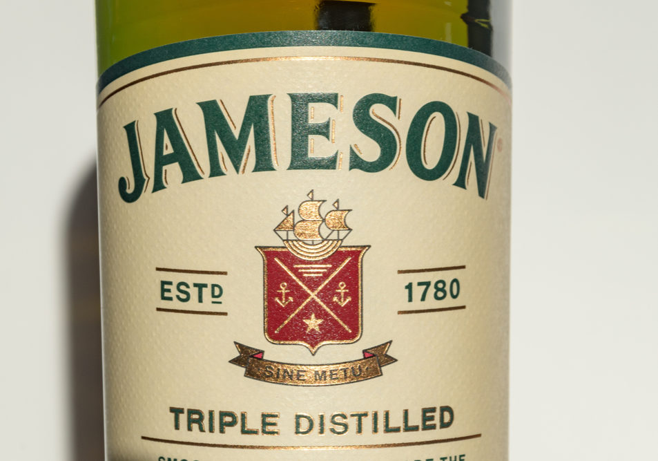 Pruszcz Gdanski, Poland - December 3, 2019: Close-up for label of irish whiskey Jameson. Jameson is a blended Irish whiskey produced by the Irish Distillers subsidiary of Pernod Ricard.